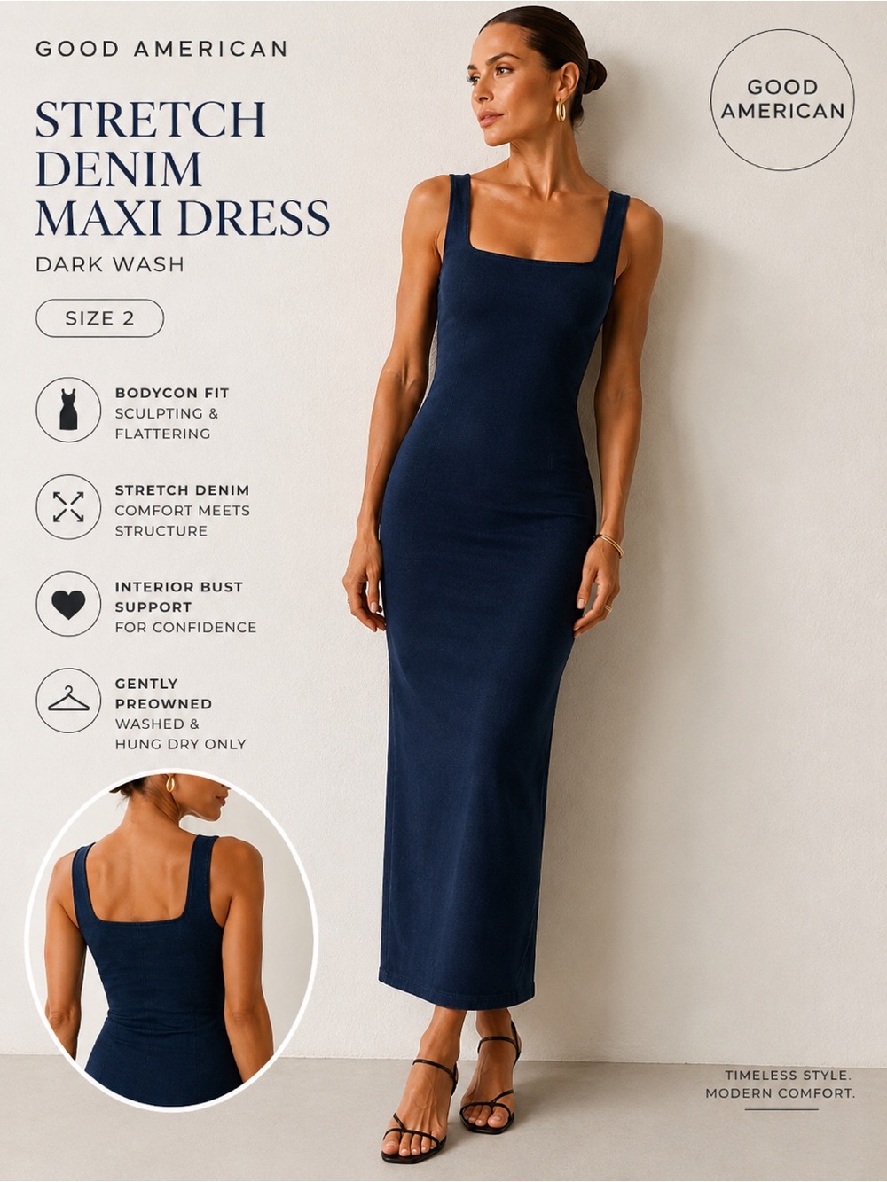 Good American Stretch Denim Maxi Dress Size 2 Dark Wash Bodycon Midi
